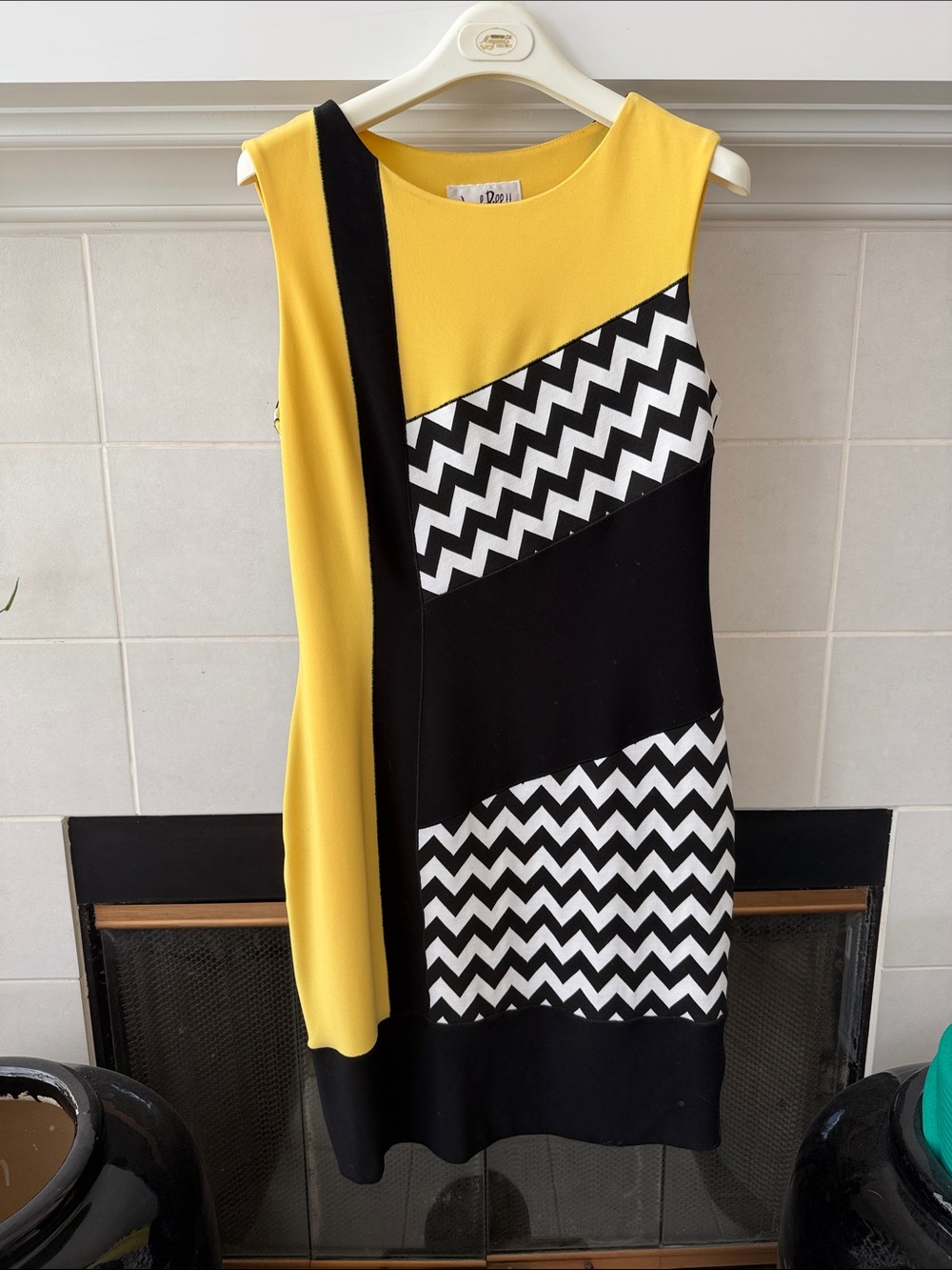 Joseph Ribkoff Yellow, Black & White Chevron Shift Dress